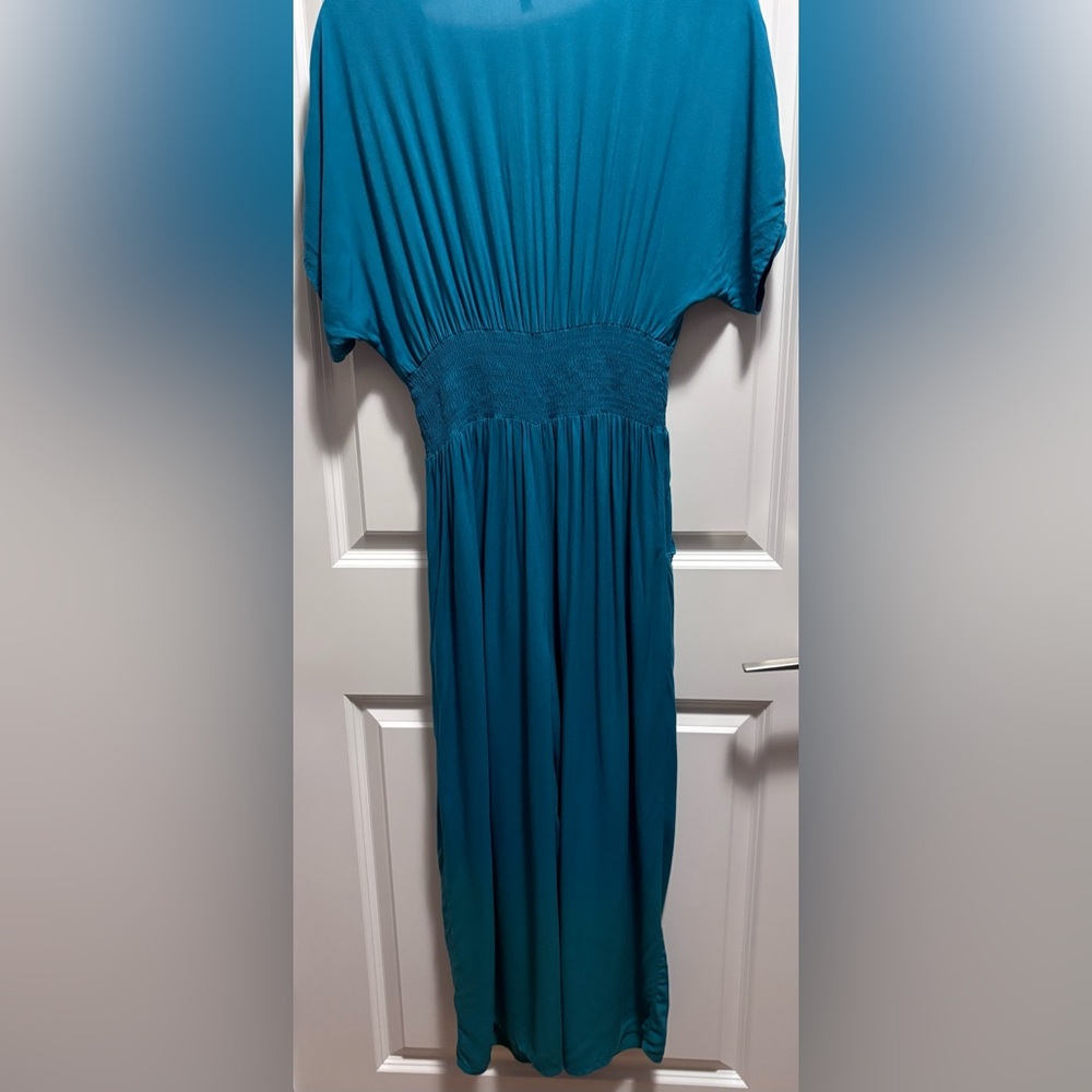 Patrons of Peace Wide Leg Jumpsuit deep V Neck Smocked Pockets Teal Green - Picture 5 of 14